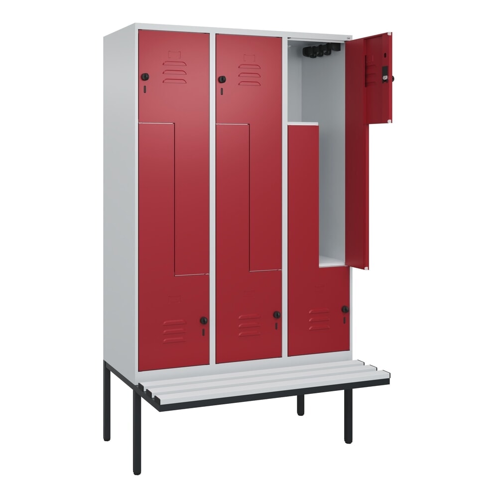 C+P Z-Spind Classic PLUS, 6 Abteile, HxBxT 2.120 x 1.200 x 815 mm, für Vorhängeschloss, auskragende Bank aus Kunststoff, lichtgrau, rubinrot