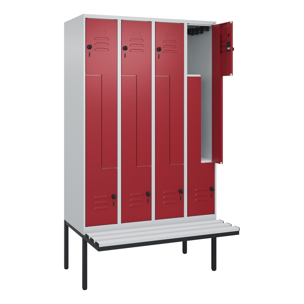 C+P Z-Spind Classic PLUS, 8 Abteile, HxBxT 2.120 x 1.200 x 815 mm, für Vorhängeschloss, auskragende Bank aus Kunststoff, lichtgrau, rubinrot