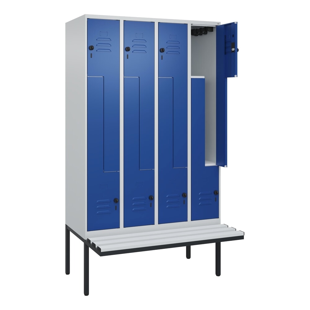 C+P Z-Spind Classic PLUS, 8 Abteile, HxBxT 2.120 x 1.200 x 815 mm, für Vorhängeschloss, auskragende Bank aus Kunststoff, lichtgrau, enzianblau
