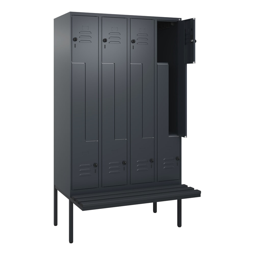 C+P Z-Spind Classic PLUS, 8 Abteile, HxBxT 2.120 x 1.200 x 815 mm, für Vorhängeschloss, auskragende Bank aus Kunststoff, anthrazitgrau, anthrazitgrau