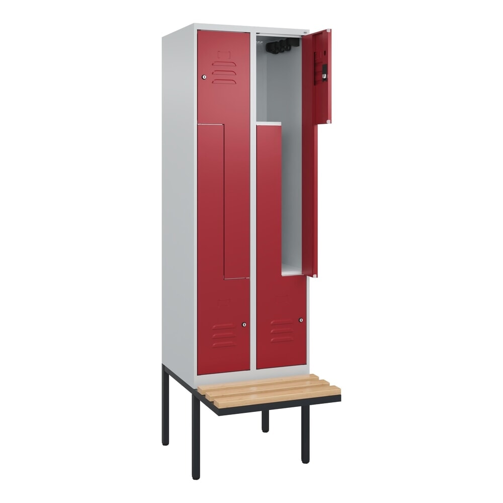 C+P Z-Spind Classic PLUS, 4 Abteile, HxBxT 2.120 x 600 x 815 mm, Zylinderschloss, auskragende Bank aus Buche, lichtgrau, rubinrot