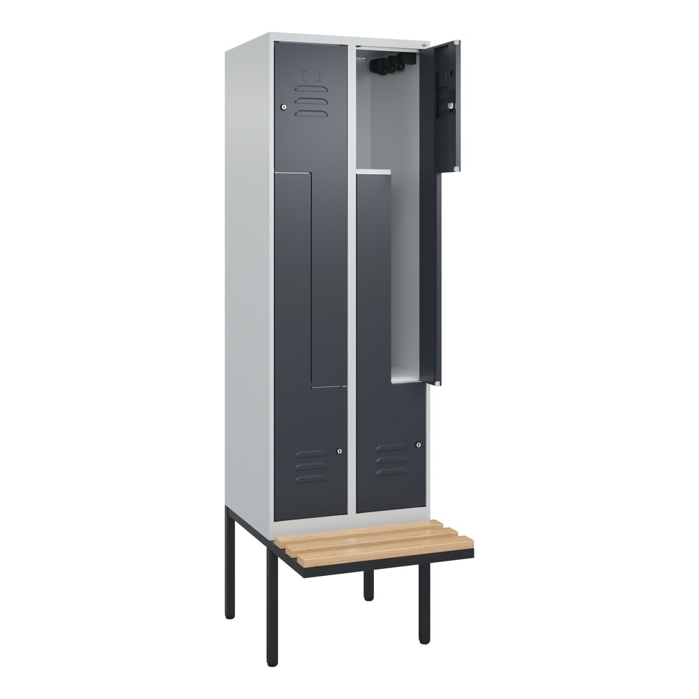 C+P Z-Spind Classic PLUS, 4 Abteile, HxBxT 2.120 x 600 x 815 mm, Zylinderschloss, auskragende Bank aus Buche, lichtgrau, anthrazitgrau