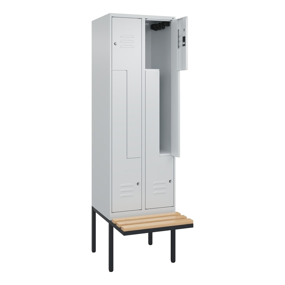 C+P Z-Spind Classic PLUS, 4 Abteile, HxBxT 2.120 x 600 x 815 mm, Zylinderschloss, auskragende Bank aus Buche, lichtgrau, lichtgrau