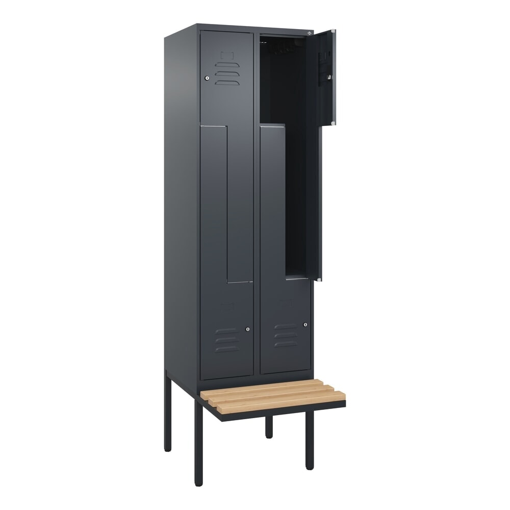 C+P Z-Spind Classic PLUS, 4 Abteile, HxBxT 2.120 x 600 x 815 mm, Zylinderschloss, auskragende Bank aus Buche, anthrazitgrau, anthrazitgrau