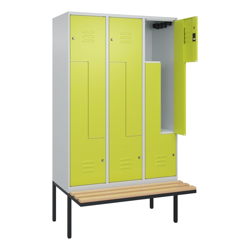 C+P Z-Spind Classic PLUS, 6 Abteile, HxBxT 2.120 x 1.200 x 815 mm, Zylinderschloss, auskragende Bank aus Buche, lichtgrau, clowngrün