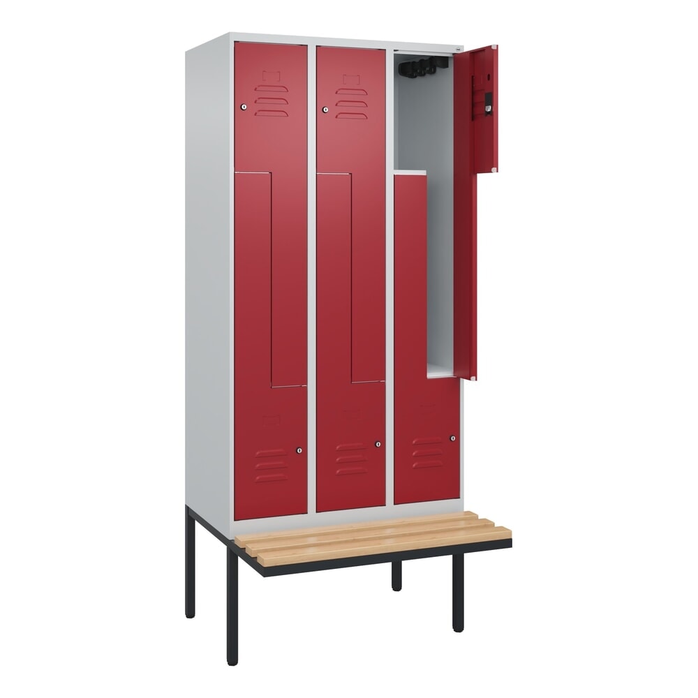 C+P Z-Spind Classic PLUS, 6 Abteile, HxBxT 2.120 x 900 x 815 mm, Zylinderschloss, auskragende Bank aus Buche, lichtgrau, rubinrot
