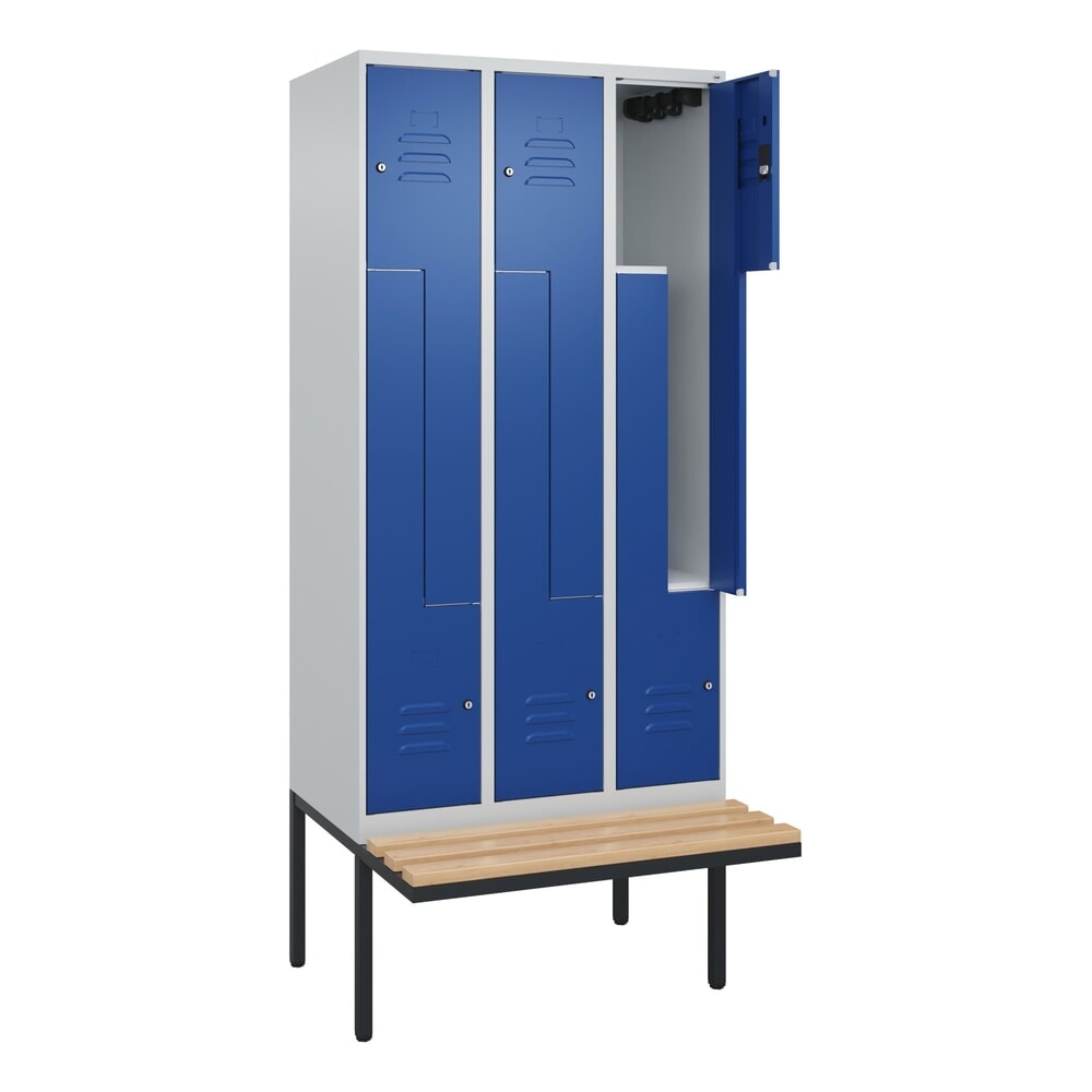 C+P Z-Spind Classic PLUS, 6 Abteile, HxBxT 2.120 x 900 x 815 mm, Zylinderschloss, auskragende Bank aus Buche, lichtgrau, enzianblau