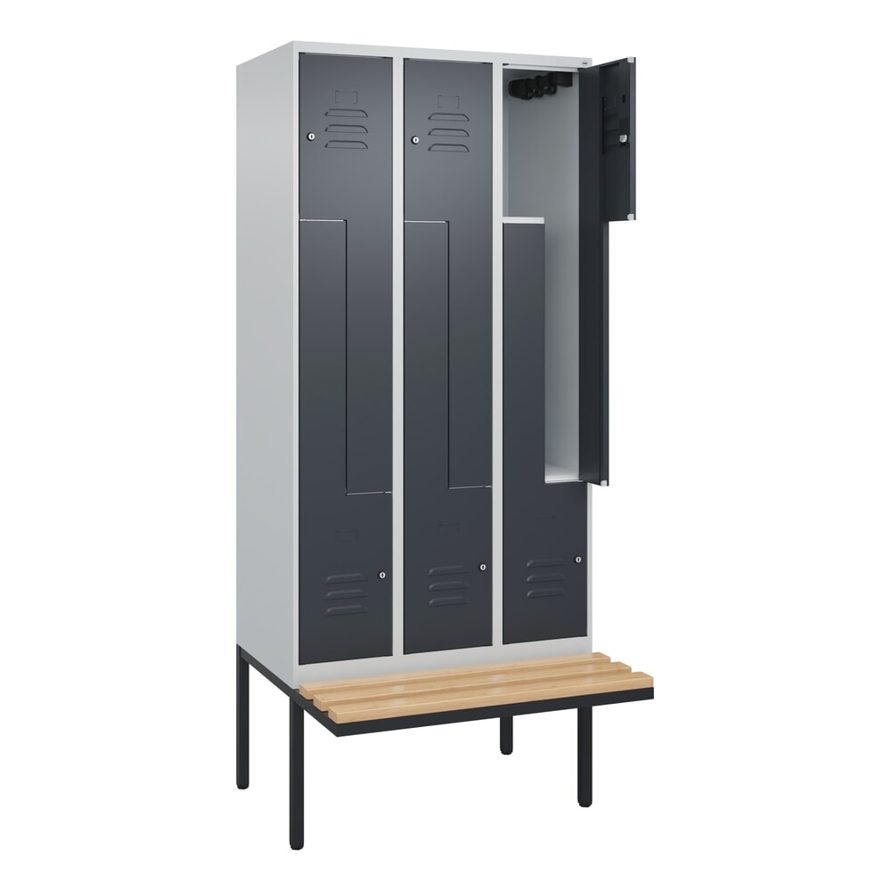 C+P Z-Spind Classic PLUS, 6 Abteile, HxBxT 2.120 x 900 x 815 mm, Zylinderschloss, auskragende Bank aus Buche, lichtgrau, anthrazitgrau