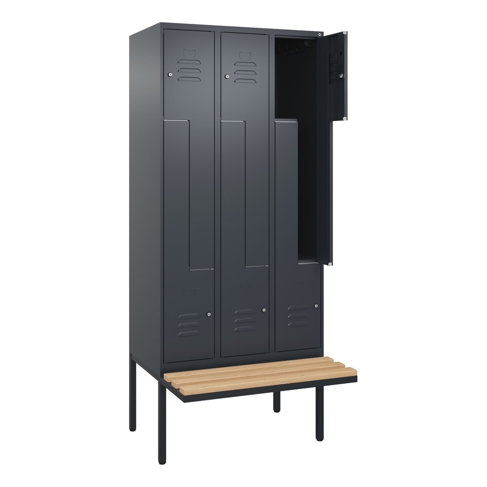 C+P Z-Spind Classic PLUS, 6 Abteile, HxBxT 2.120 x 900 x 815 mm, Zylinderschloss, auskragende Bank aus Buche, anthrazitgrau, anthrazitgrau