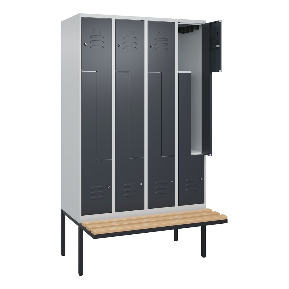 C+P Z-Spind Classic PLUS, 8 Abteile, HxBxT 2.120 x 1.200 x 815 mm, Zylinderschloss, auskragende Bank aus Buche, lichtgrau, anthrazitgrau