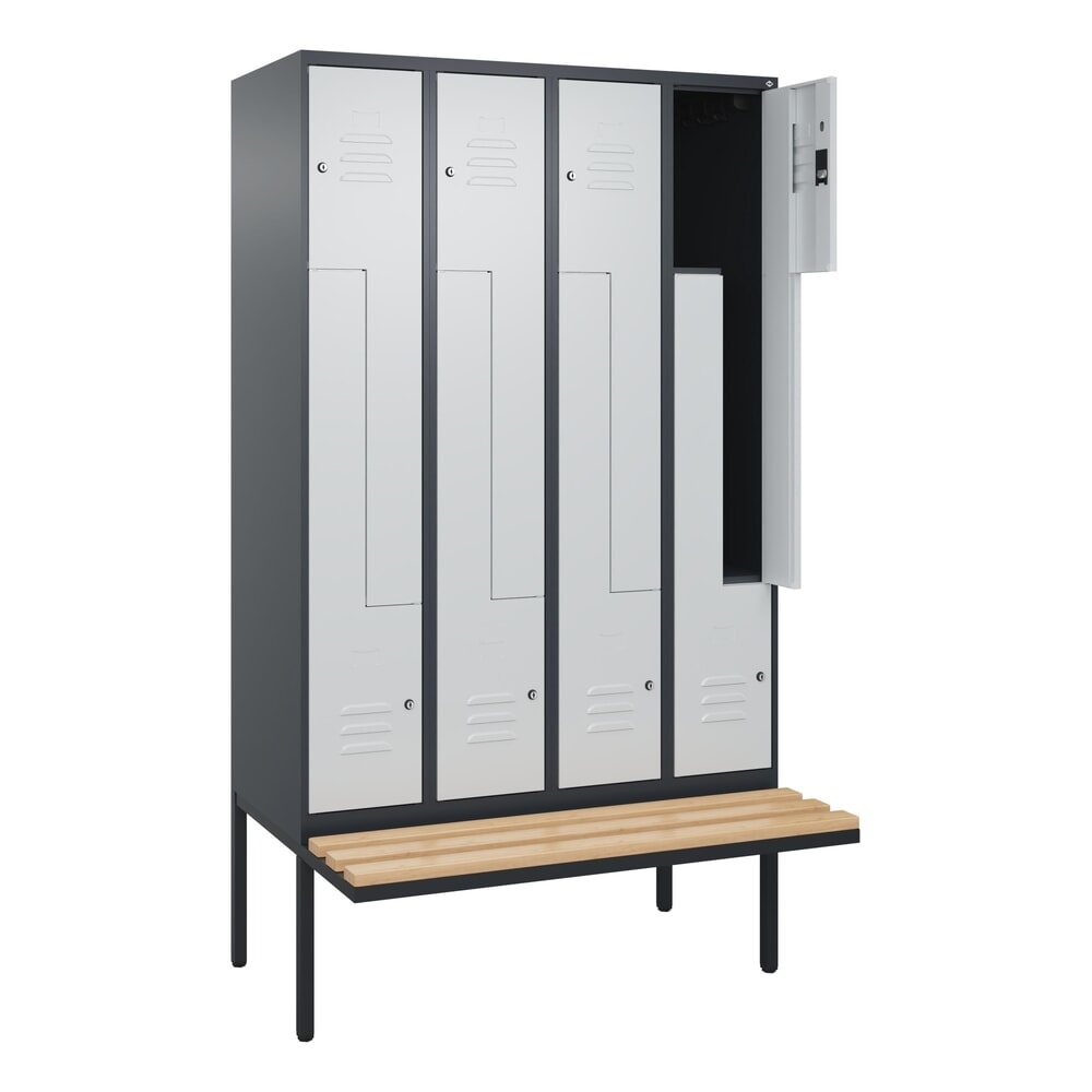 C+P Z-Spind Classic PLUS, 8 Abteile, HxBxT 2.120 x 1.200 x 815 mm, Zylinderschloss, auskragende Bank aus Buche, anthrazitgrau, lichtgrau