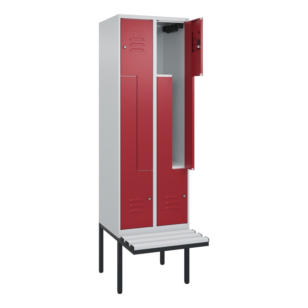 C+P Z-Spind Classic PLUS, 4 Abteile, HxBxT 2.120 x 600 x 815 mm, Zylinderschloss, auskragende Bank aus Kunststoff, lichtgrau, rubinrot