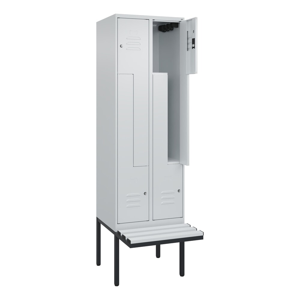 C+P Z-Spind Classic PLUS, 4 Abteile, HxBxT 2.120 x 600 x 815 mm, Zylinderschloss, auskragende Bank aus Kunststoff, lichtgrau, lichtgrau