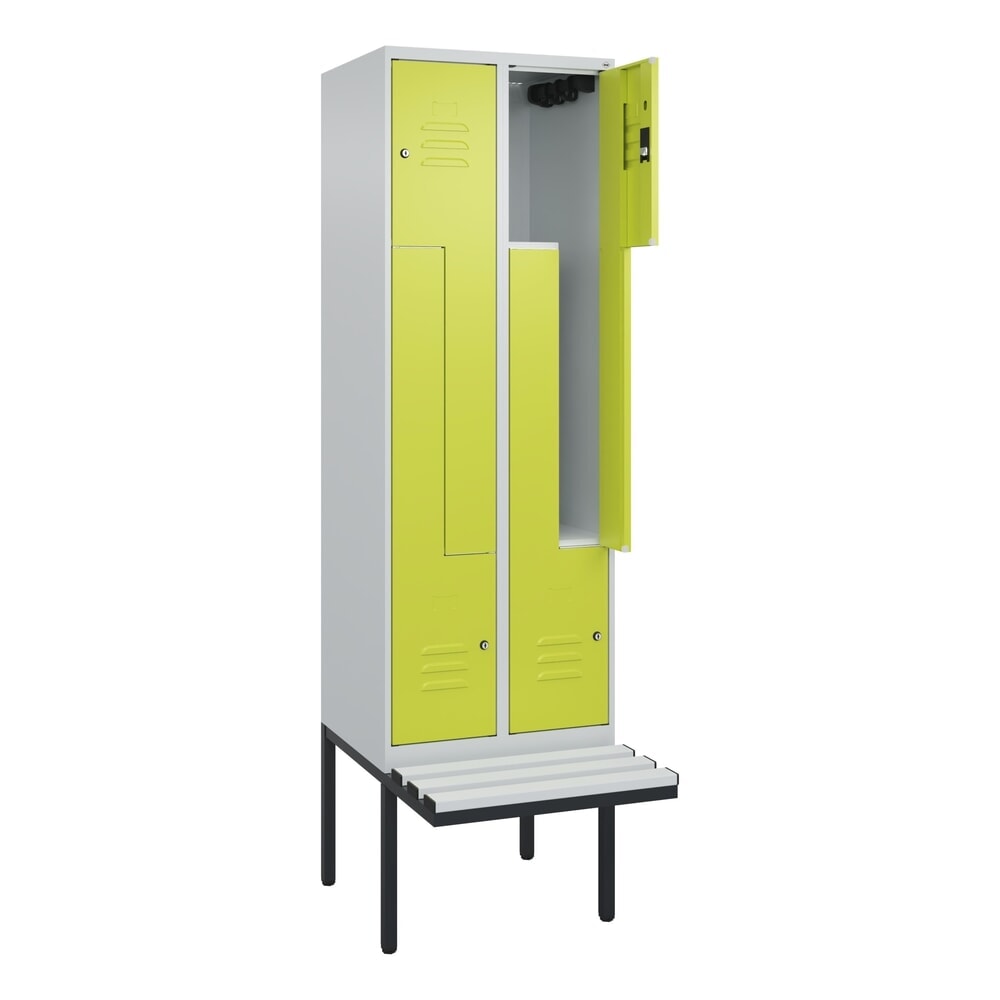 C+P Z-Spind Classic PLUS, 4 Abteile, HxBxT 2.120 x 600 x 815 mm, Zylinderschloss, auskragende Bank aus Kunststoff, lichtgrau, clowngrün