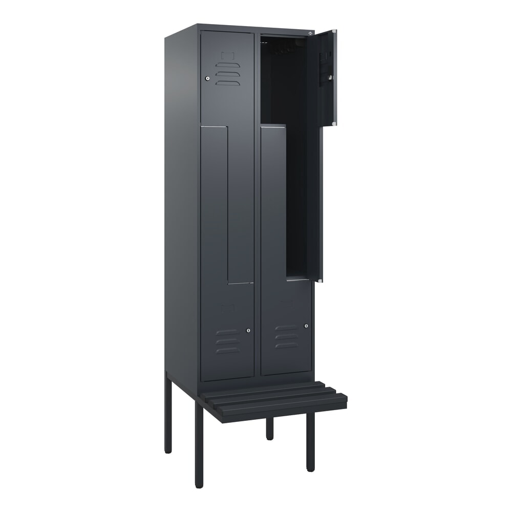 C+P Z-Spind Classic PLUS, 4 Abteile, HxBxT 2.120 x 600 x 815 mm, Zylinderschloss, auskragende Bank aus Kunststoff, anthrazitgrau, anthrazitgrau