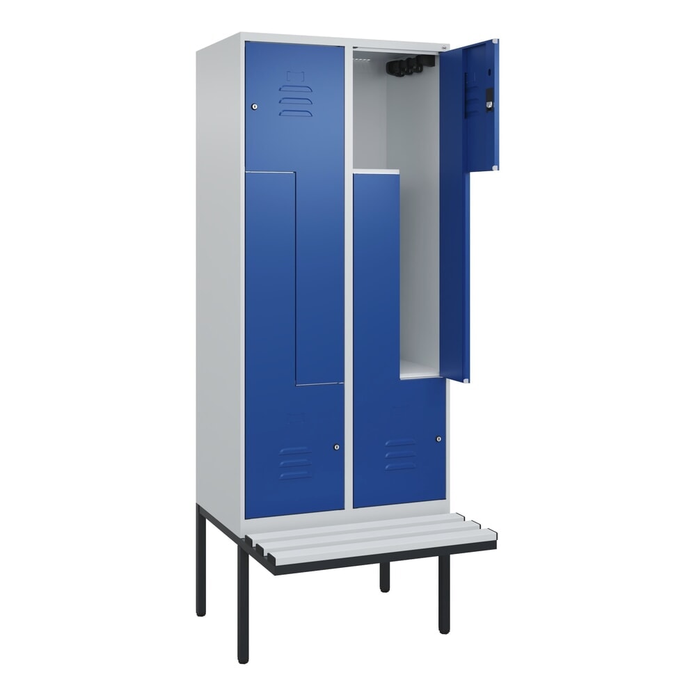 C+P Z-Spind Classic PLUS, 4 Abteile, HxBxT 2.120 x 800 x 815 mm, Zylinderschloss, auskragende Bank aus Kunststoff, lichtgrau, enzianblau
