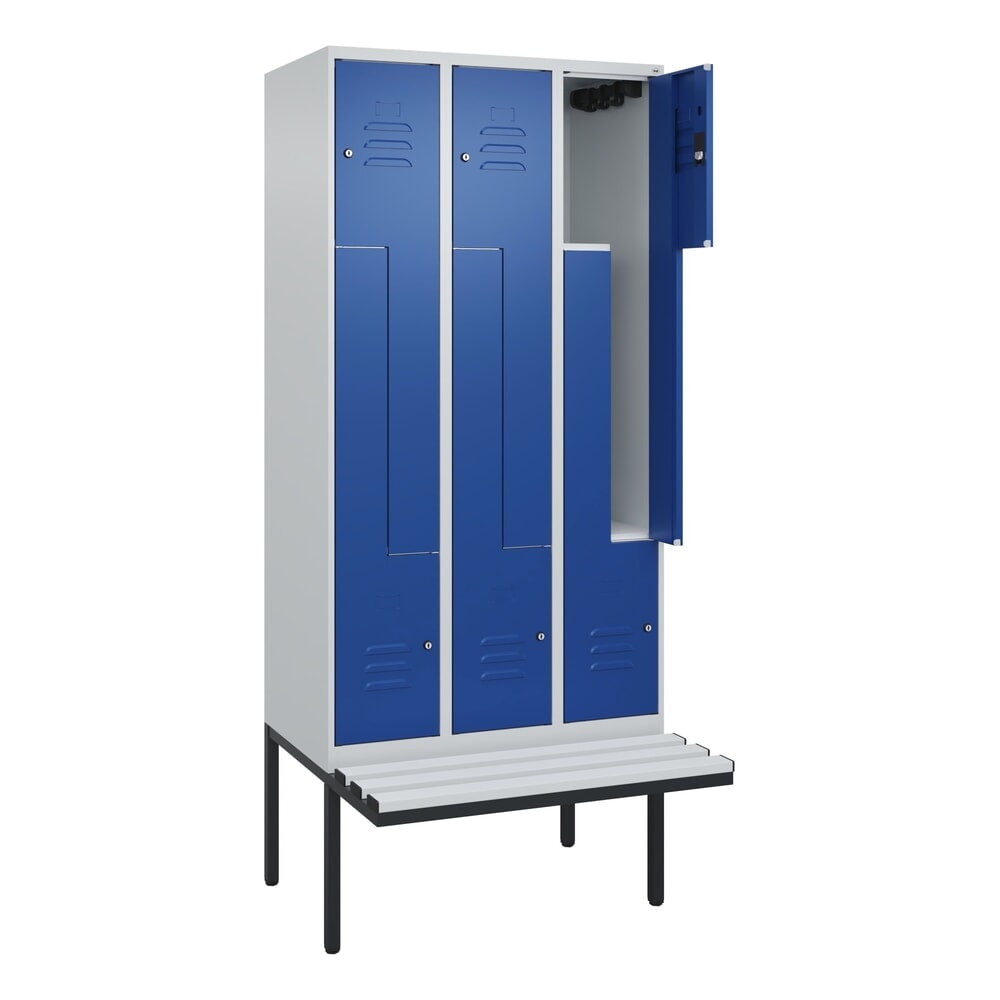 C+P Z-Spind Classic PLUS, 6 Abteile, HxBxT 2.120 x 900 x 815 mm, Zylinderschloss, auskragende Bank aus Kunststoff, lichtgrau, enzianblau