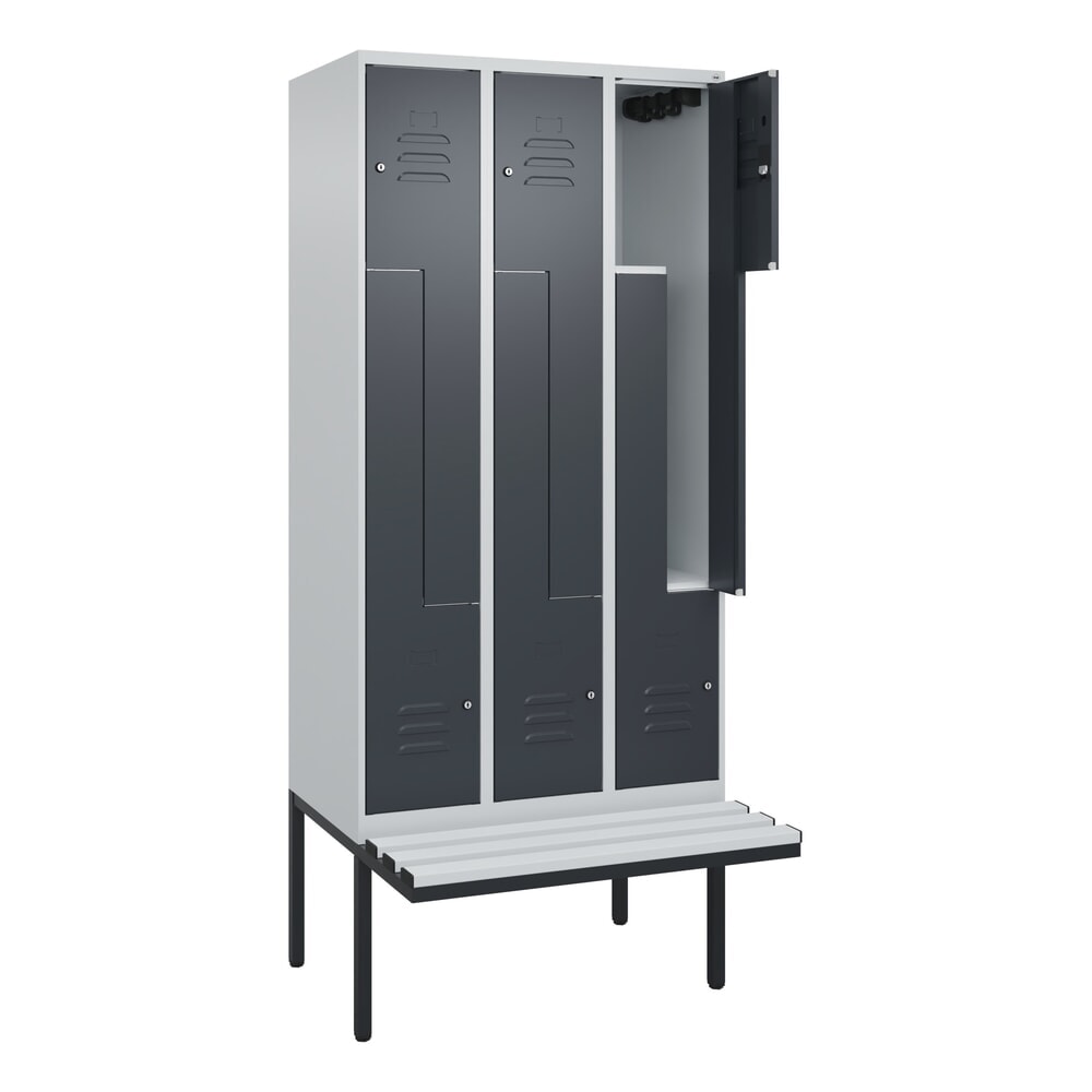C+P Z-Spind Classic PLUS, 6 Abteile, HxBxT 2.120 x 900 x 815 mm, Zylinderschloss, auskragende Bank aus Kunststoff, lichtgrau, anthrazitgrau
