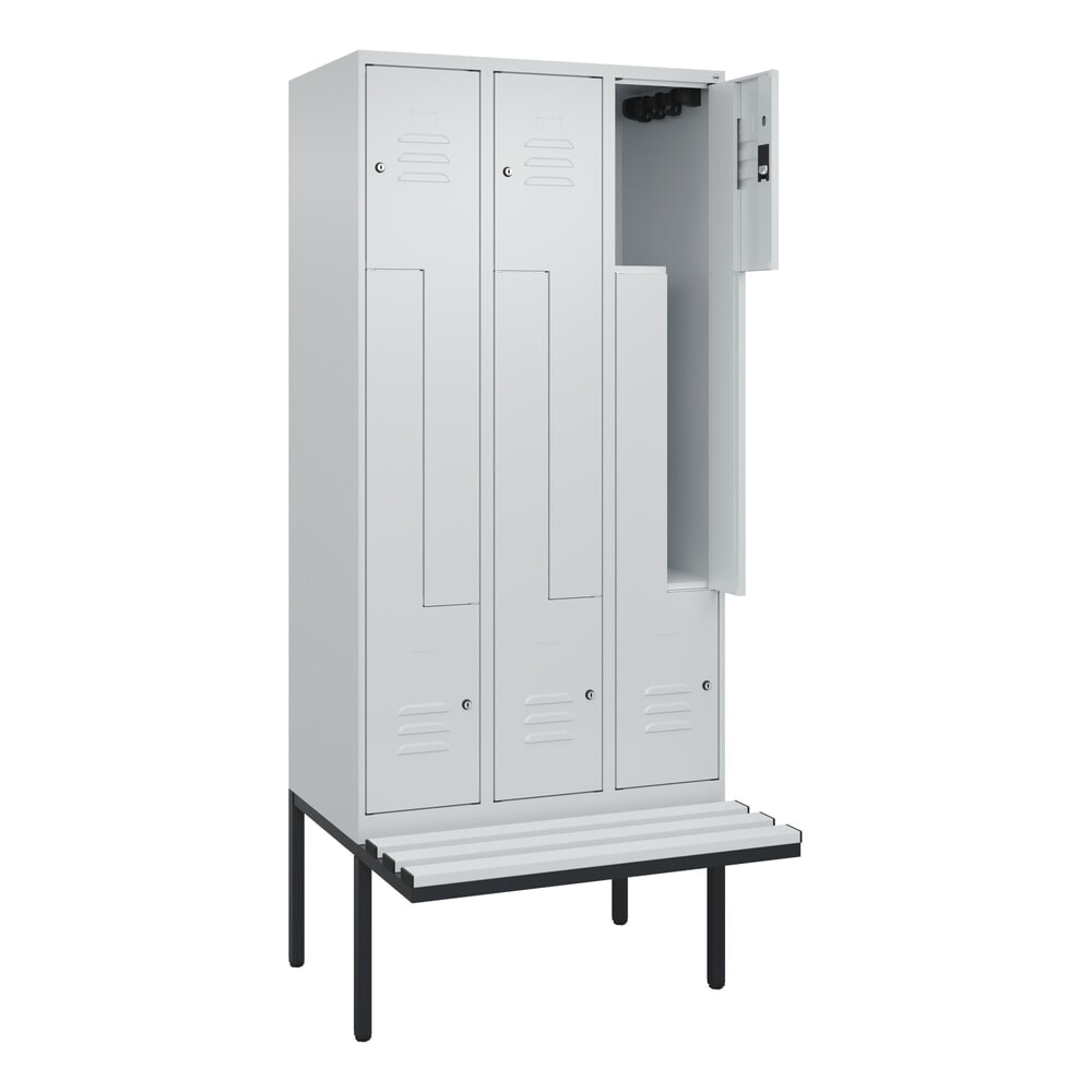 C+P Z-Spind Classic PLUS, 6 Abteile, HxBxT 2.120 x 900 x 815 mm, Zylinderschloss, auskragende Bank aus Kunststoff, lichtgrau, lichtgrau