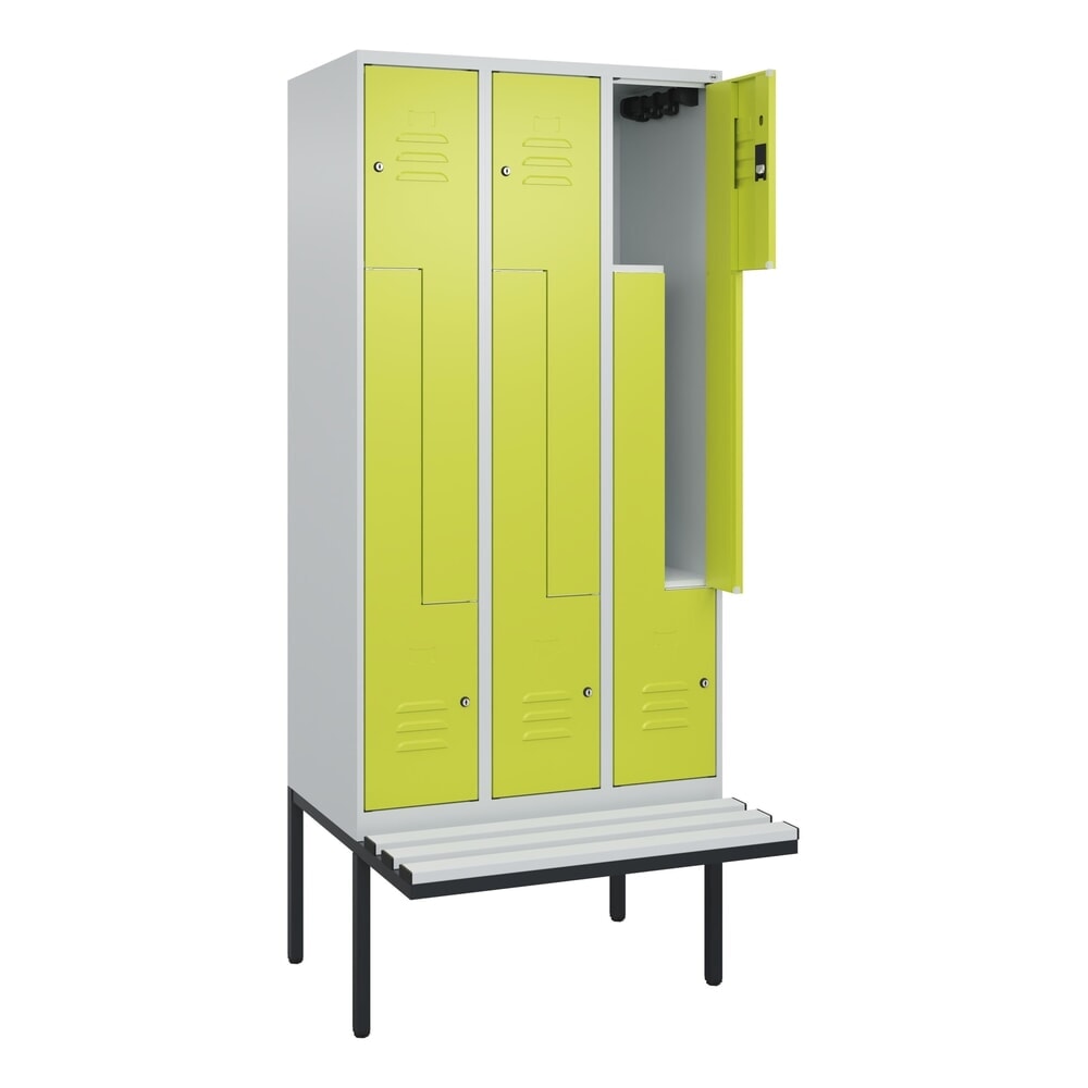 C+P Z-Spind Classic PLUS, 6 Abteile, HxBxT 2.120 x 900 x 815 mm, Zylinderschloss, auskragende Bank aus Kunststoff, lichtgrau, clowngrün