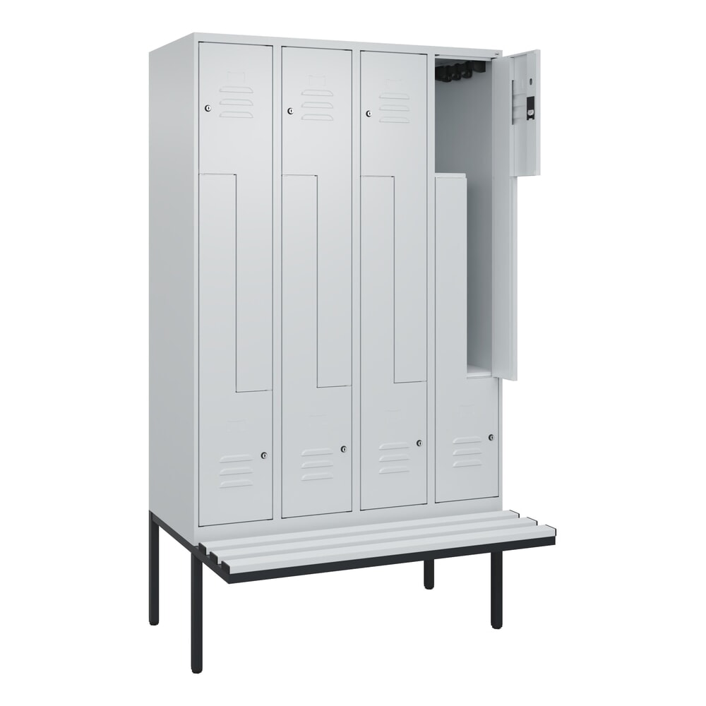 C+P Z-Spind Classic PLUS, 8 Abteile, HxBxT 2.120 x 1.200 x 815 mm, Zylinderschloss, auskragende Bank aus Kunststoff, lichtgrau, lichtgrau