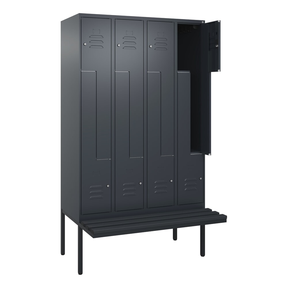 C+P Z-Spind Classic PLUS, 8 Abteile, HxBxT 2.120 x 1.200 x 815 mm, Zylinderschloss, auskragende Bank aus Kunststoff, anthrazitgrau, anthrazitgrau