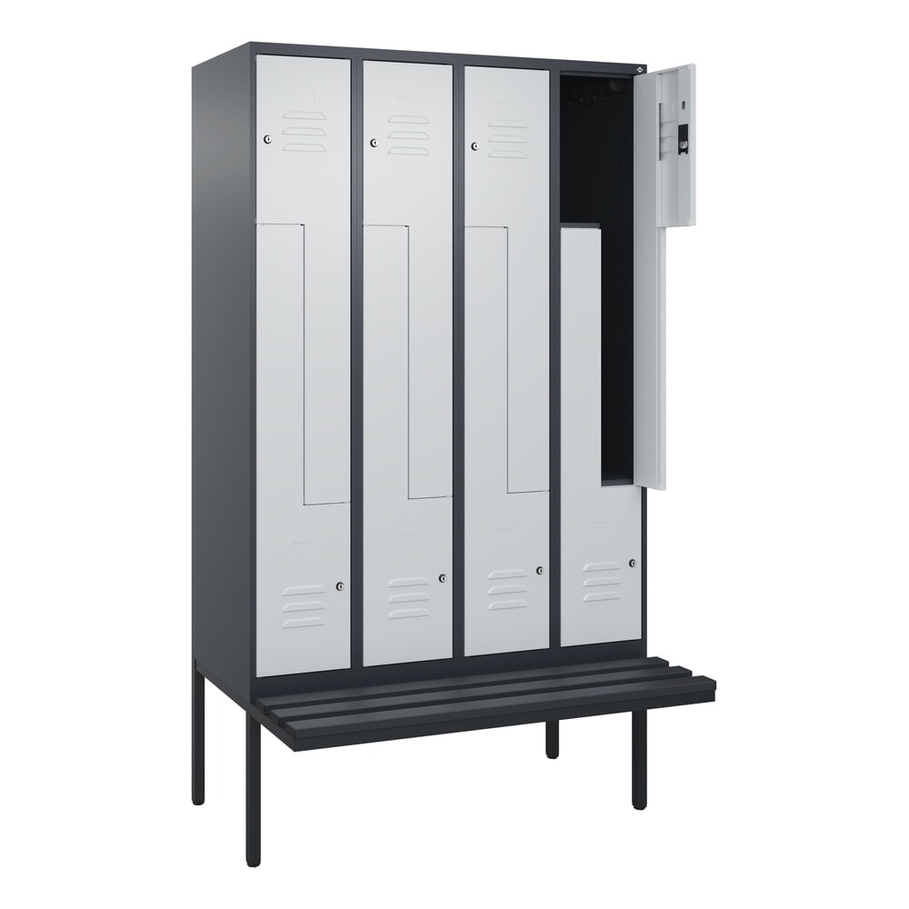 C+P Z-Spind Classic PLUS, 8 Abteile, HxBxT 2.120 x 1.200 x 815 mm, Zylinderschloss, auskragende Bank aus Kunststoff, anthrazitgrau, lichtgrau