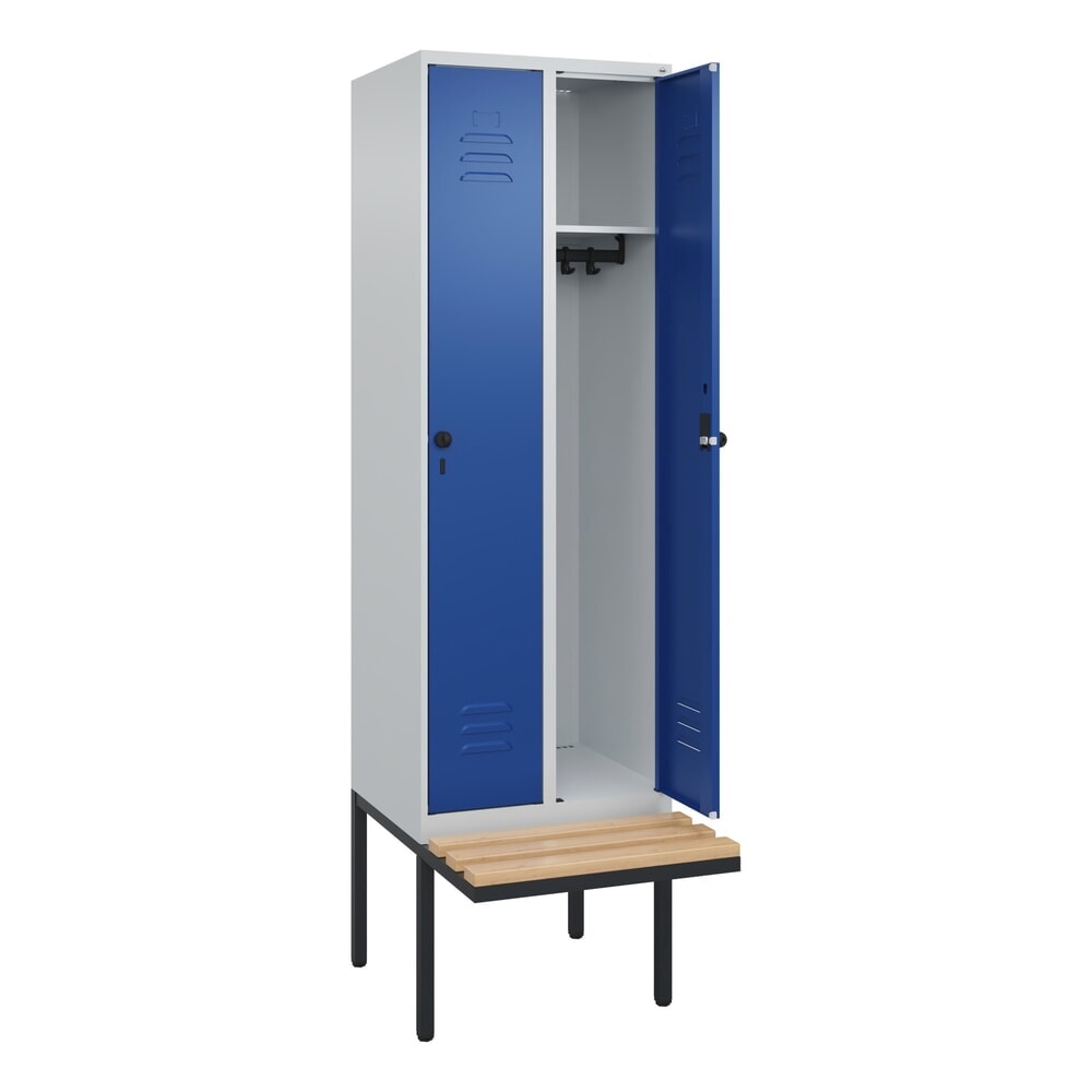 C+P Spind Classic PLUS, 2 Abteile, HxBxT 2.120 x 600 x 815 mm, für Vorhängeschloss, auskragende Bank aus Buche, lichtgrau, enzianblau