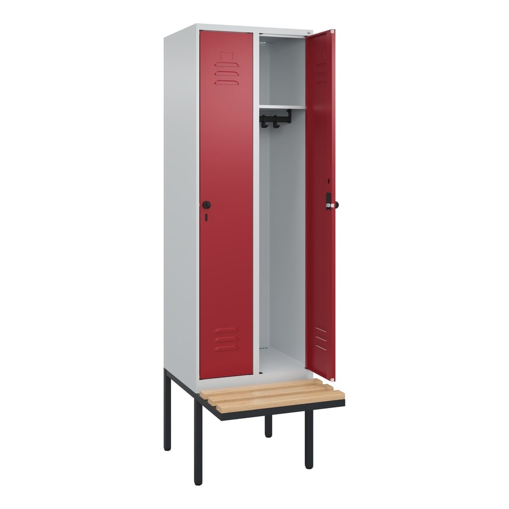 C+P Spind Classic PLUS, 2 Abteile, HxBxT 2.120 x 600 x 815 mm, für Vorhängeschloss, auskragende Bank aus Buche, lichtgrau, rubinrot