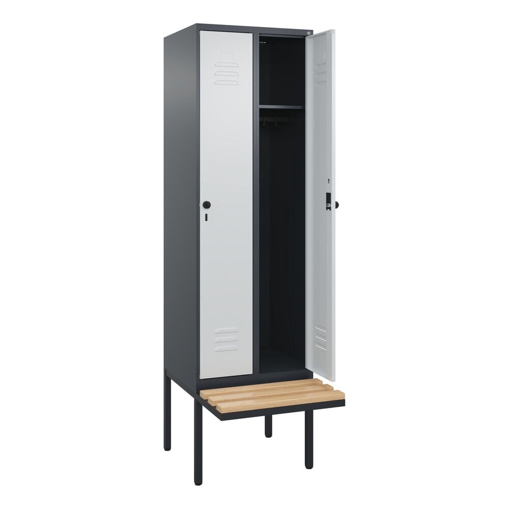 C+P Spind Classic PLUS, 2 Abteile, HxBxT 2.120 x 600 x 815 mm, für Vorhängeschloss, auskragende Bank aus Buche, anthrazitgrau, lichtgrau