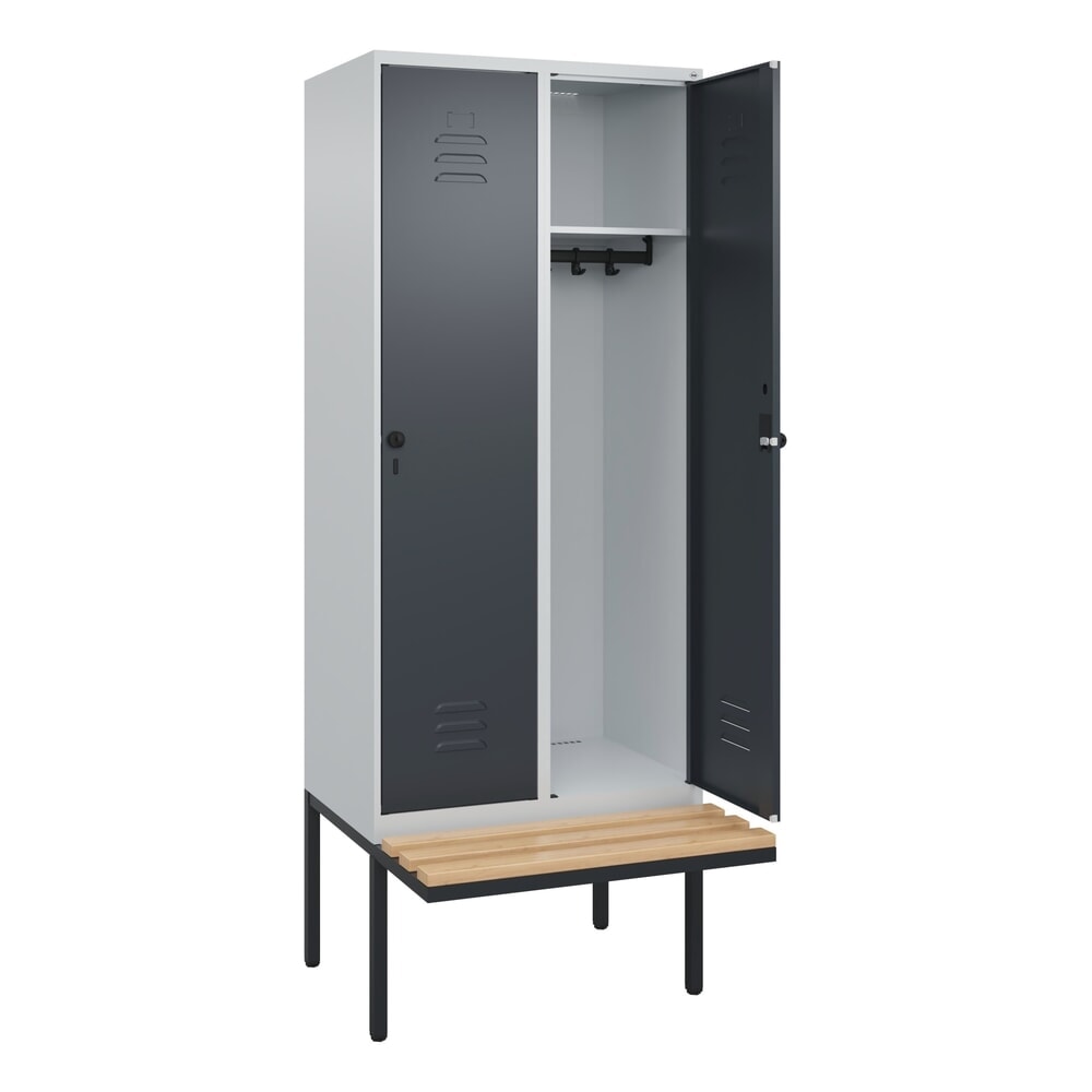 C+P Spind Classic PLUS, 2 Abteile, HxBxT 2.120 x 800 x 815 mm, für Vorhängeschloss, auskragende Bank aus Buche, lichtgrau, anthrazitgrau