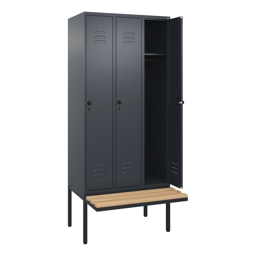 C+P Spind Classic PLUS, 3 Abteile, HxBxT 2.120 x 900 x 815 mm, für Vorhängeschloss, auskragende Bank aus Buche, anthrazitgrau, anthrazitgrau