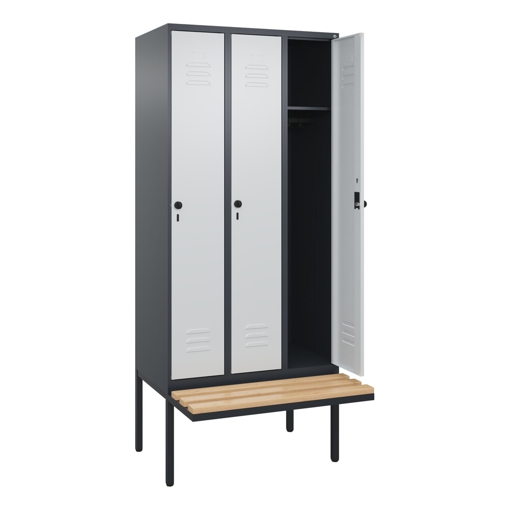 C+P Spind Classic PLUS, 3 Abteile, HxBxT 2.120 x 900 x 815 mm, für Vorhängeschloss, auskragende Bank aus Buche, anthrazitgrau, lichtgrau