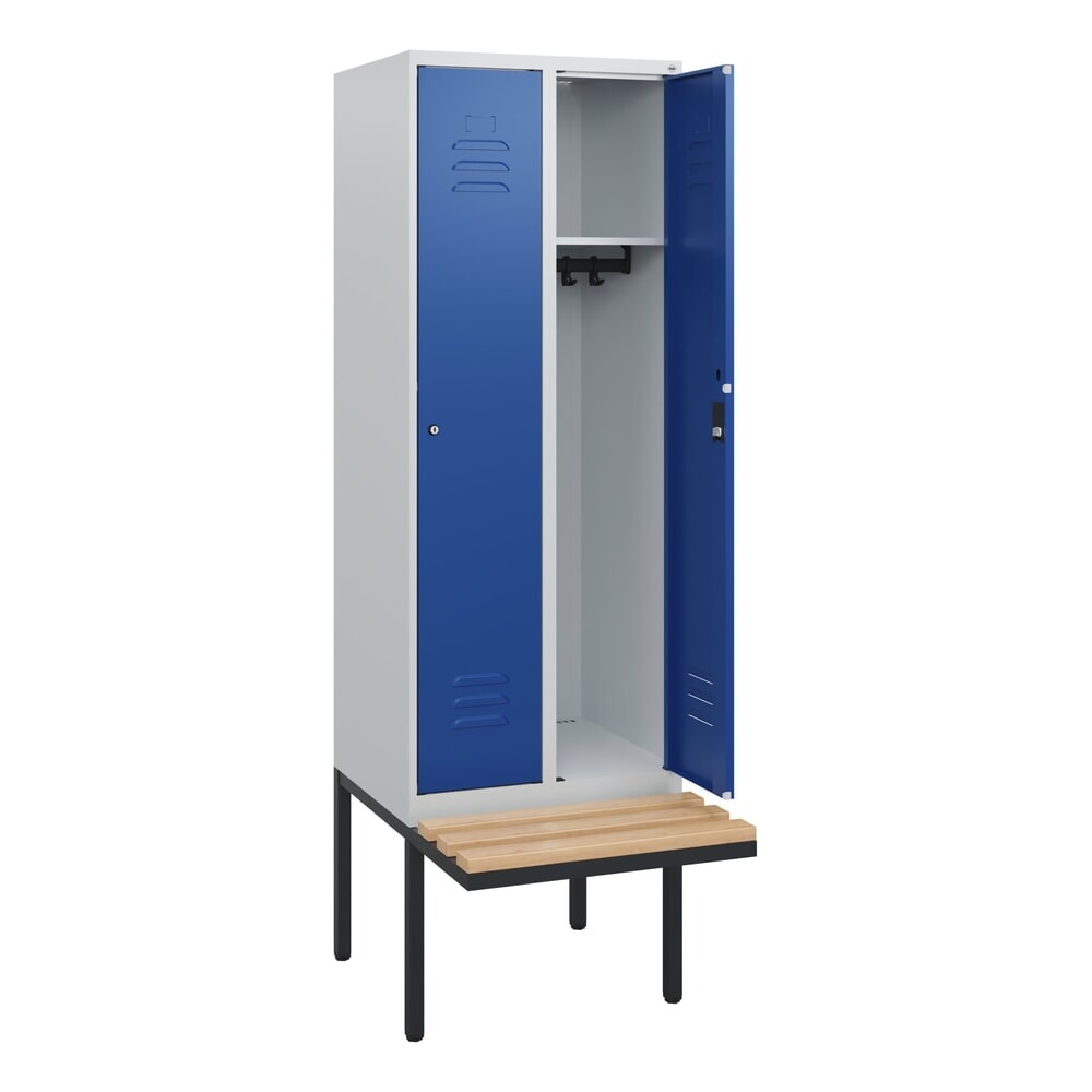 C+P Spind Classic PLUS, 2 Abteile, HxBxT 1.950 x 600 x 815 mm, Zylinderschloss, auskragende Bank aus Buche, lichtgrau, enzianblau