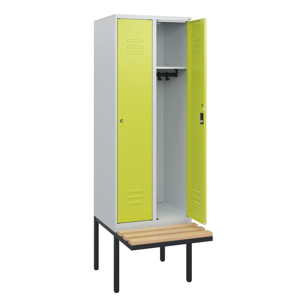 C+P Spind Classic PLUS, 2 Abteile, HxBxT 1.950 x 600 x 815 mm, Zylinderschloss, auskragende Bank aus Buche, lichtgrau, clowngrün