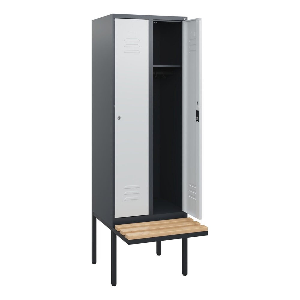 C+P Spind Classic PLUS, 2 Abteile, HxBxT 1.950 x 600 x 815 mm, Zylinderschloss, auskragende Bank aus Buche, anthrazitgrau, lichtgrau