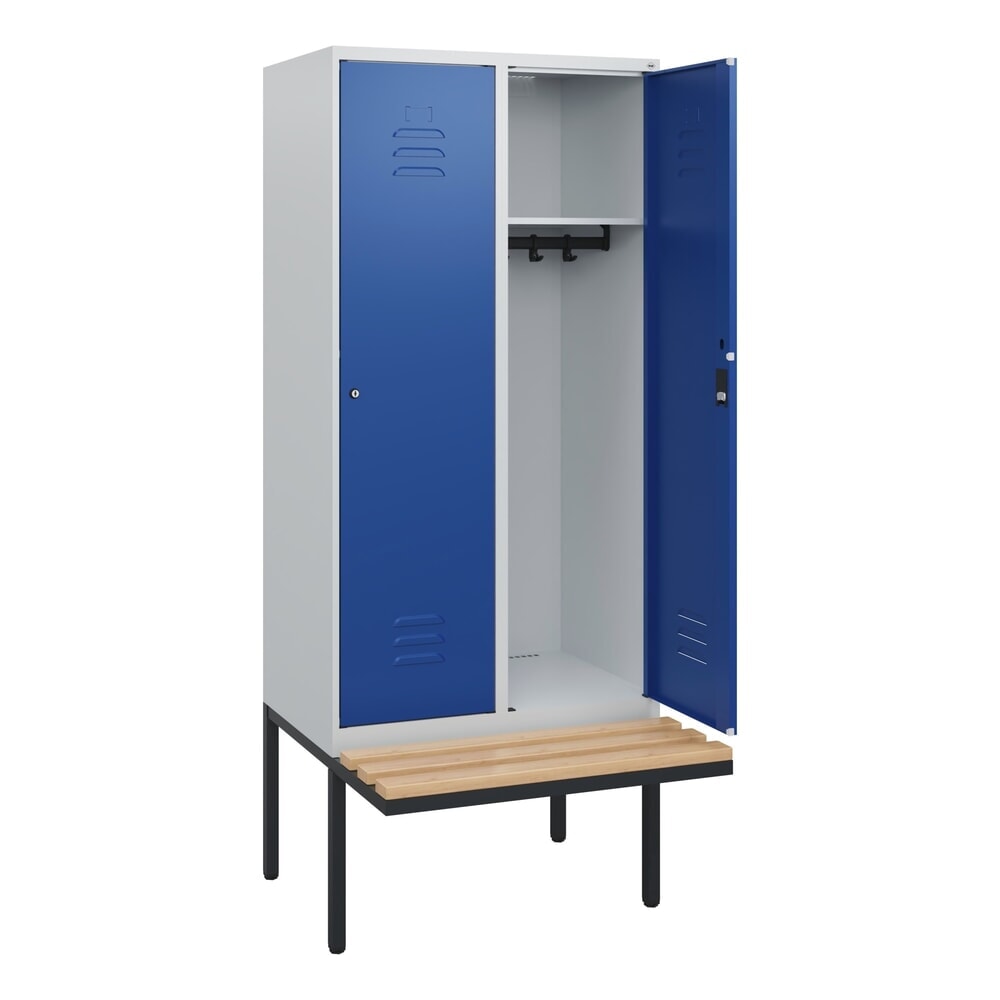 C+P Spind Classic PLUS, 2 Abteile, HxBxT 1.950 x 800 x 815 mm, Zylinderschloss, auskragende Bank aus Buche, lichtgrau, enzianblau