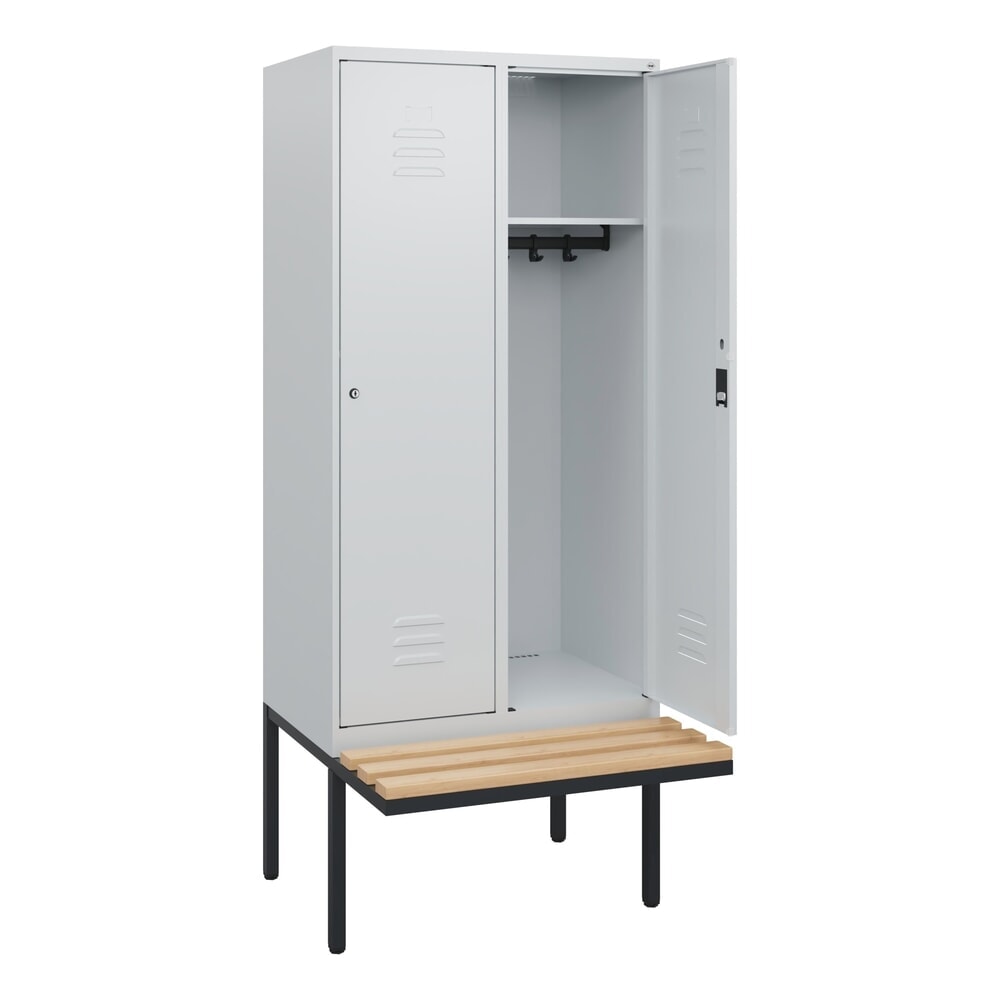 C+P Spind Classic PLUS, 2 Abteile, HxBxT 1.950 x 800 x 815 mm, Zylinderschloss, auskragende Bank aus Buche, lichtgrau, lichtgrau