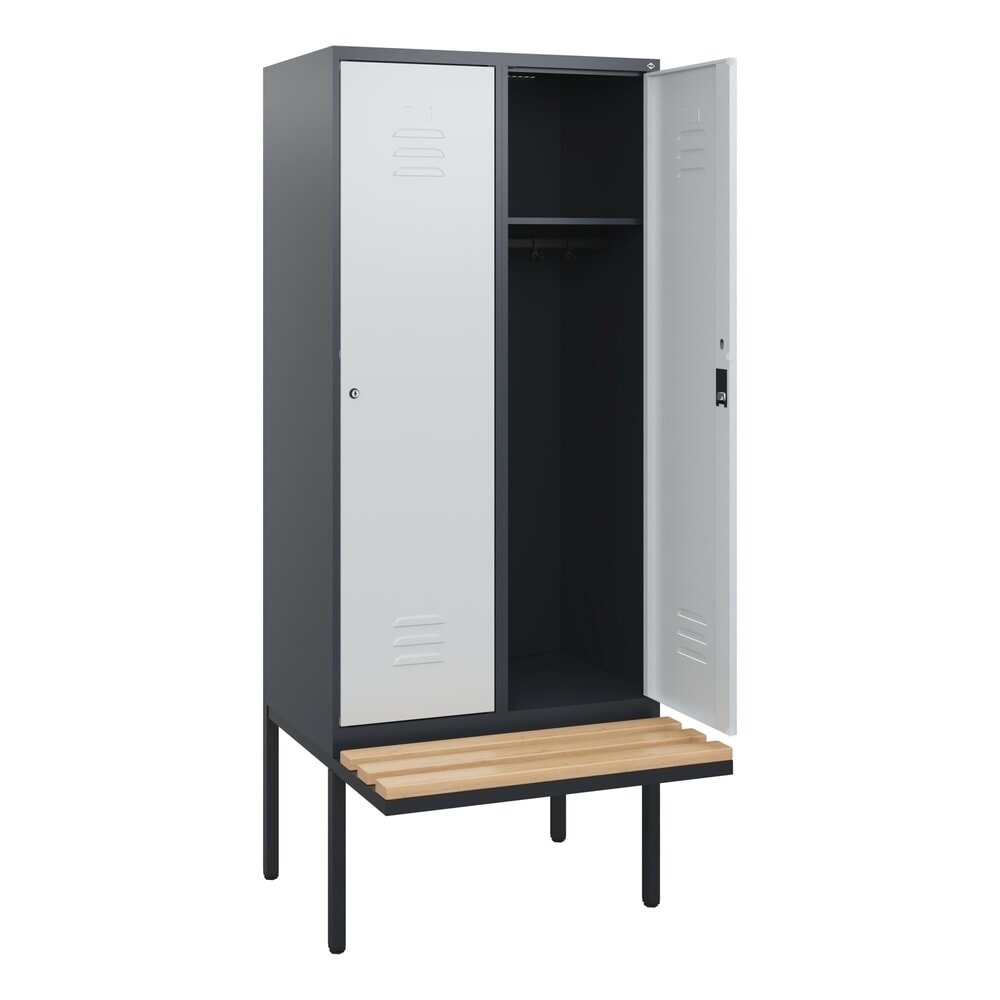 C+P Spind Classic PLUS, 2 Abteile, HxBxT 1.950 x 800 x 815 mm, Zylinderschloss, auskragende Bank aus Buche, anthrazitgrau, lichtgrau