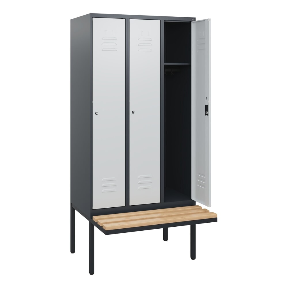 C+P Spind Classic PLUS, 3 Abteile, HxBxT 1.950 x 900 x 815 mm, Zylinderschloss, auskragende Bank aus Buche, anthrazitgrau, lichtgrau