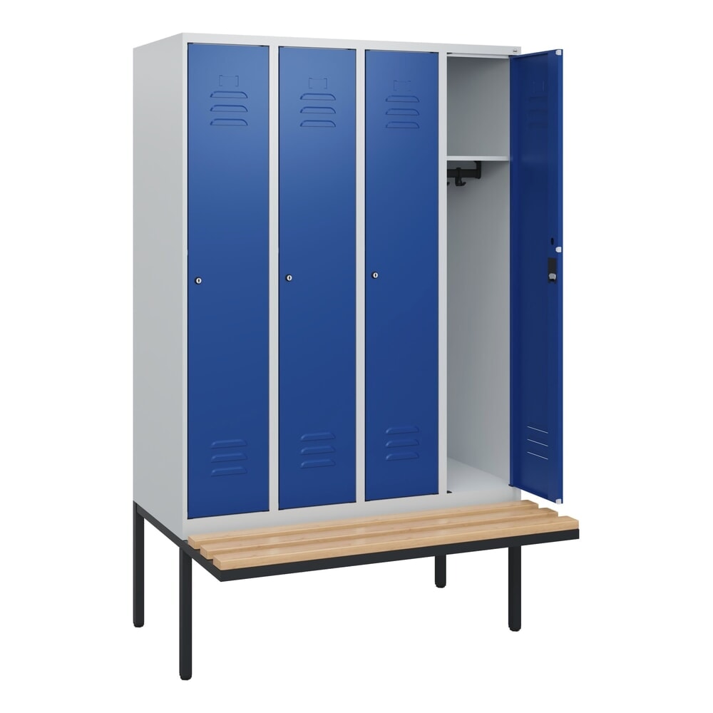 C+P Spind Classic PLUS, 4 Abteile, HxBxT 1.950 x 1.200 x 815 mm, Zylinderschloss, auskragende Bank aus Buche, lichtgrau, enzianblau
