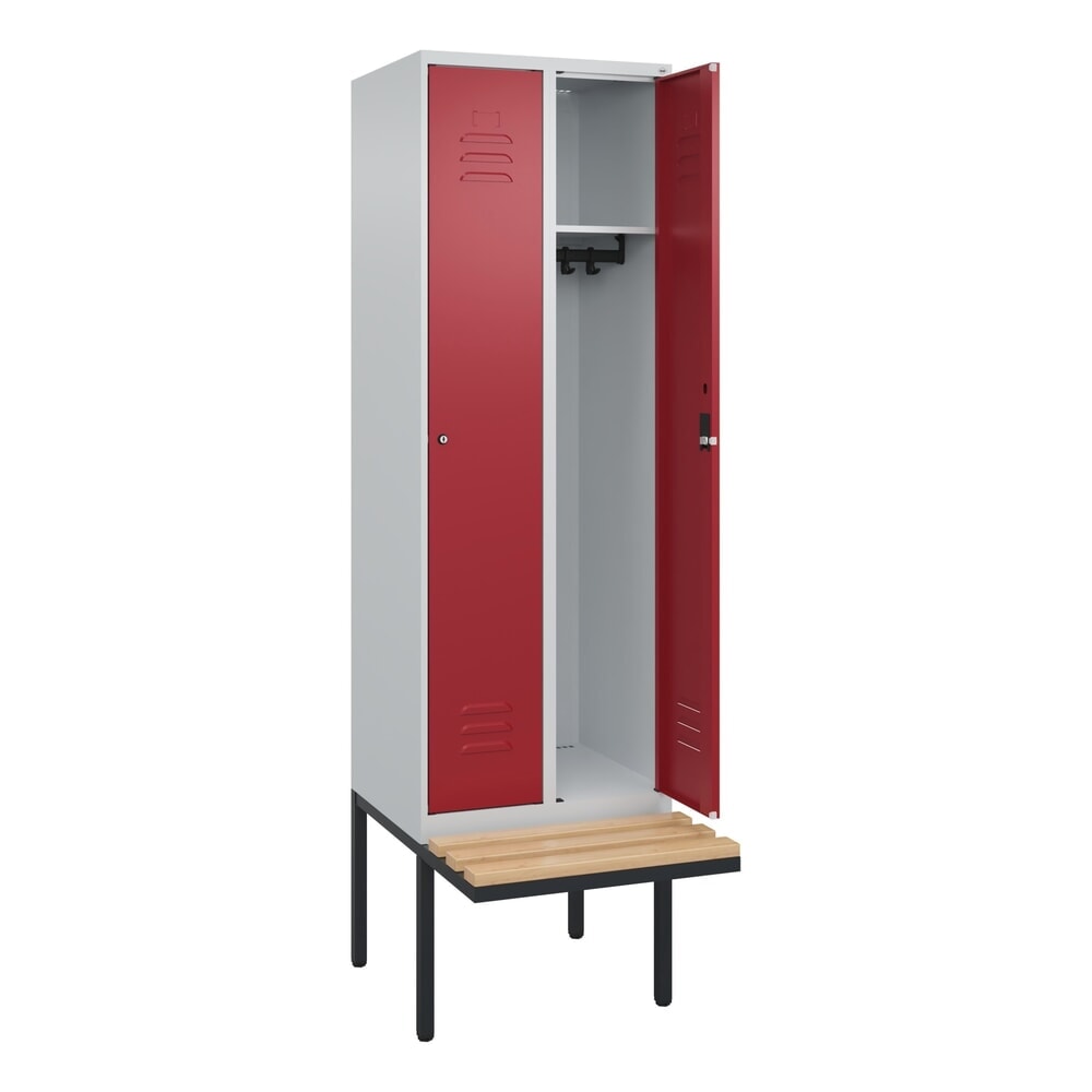 C+P Spind Classic PLUS, 2 Abteile, HxBxT 2.120 x 600 x 815 mm, Zylinderschloss, auskragende Bank aus Buche, lichtgrau, rubinrot