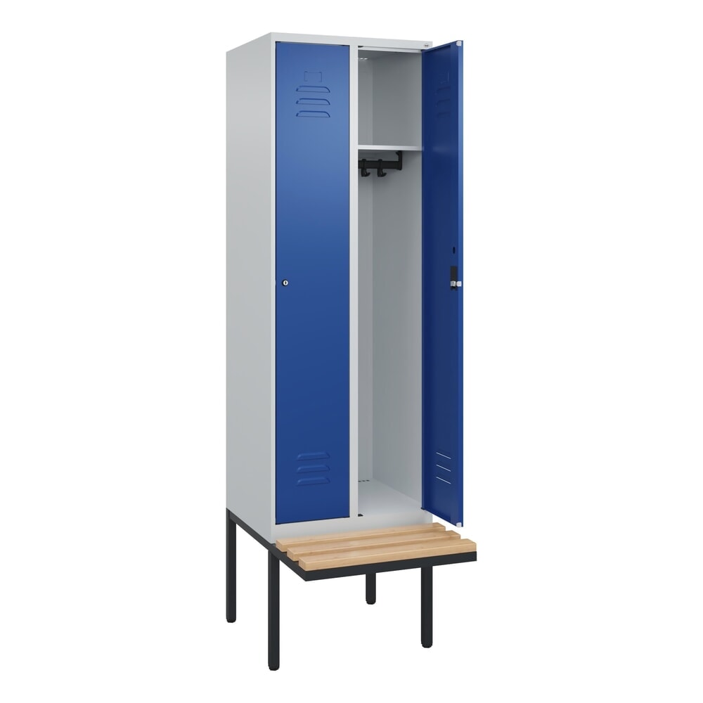 C+P Spind Classic PLUS, 2 Abteile, HxBxT 2.120 x 600 x 815 mm, Zylinderschloss, auskragende Bank aus Buche, lichtgrau, enzianblau