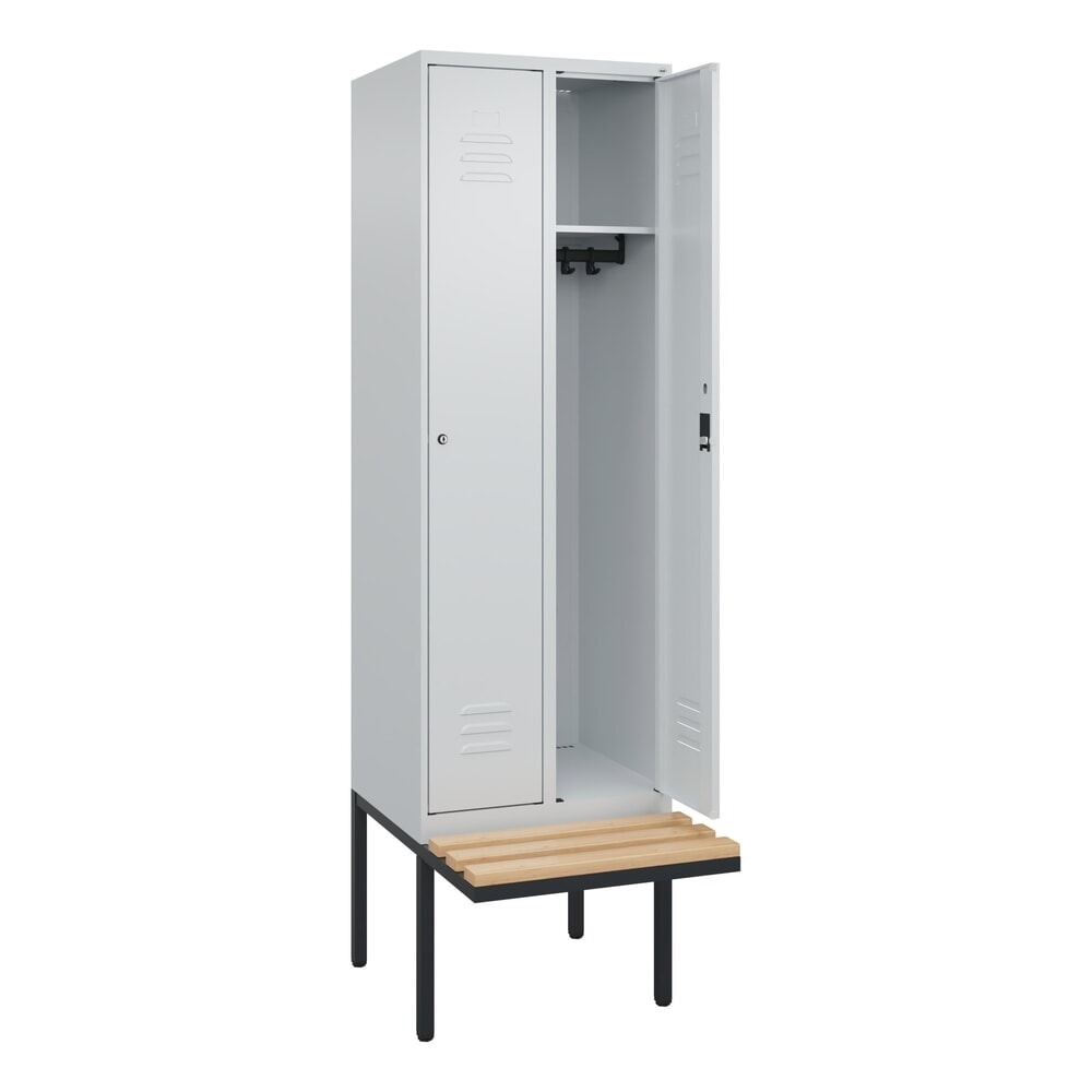 C+P Spind Classic PLUS, 2 Abteile, HxBxT 2.120 x 600 x 815 mm, Zylinderschloss, auskragende Bank aus Buche, lichtgrau, lichtgrau
