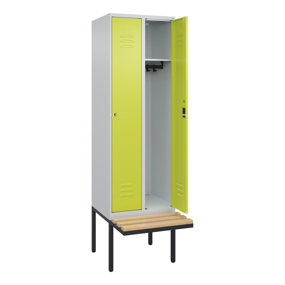 C+P Spind Classic PLUS, 2 Abteile, HxBxT 2.120 x 600 x 815 mm, Zylinderschloss, auskragende Bank aus Buche, lichtgrau, clowngrün