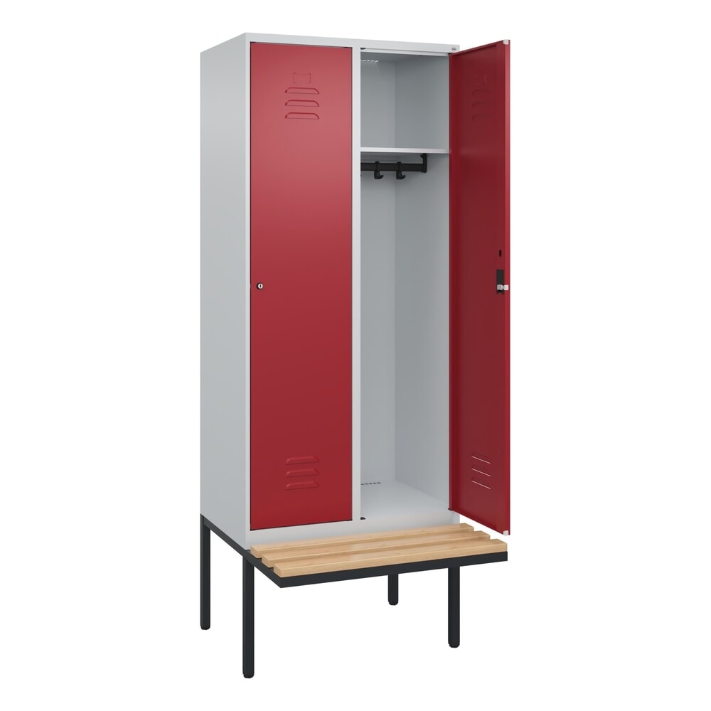 C+P Spind Classic PLUS, 2 Abteile, HxBxT 2.120 x 800 x 815 mm, Zylinderschloss, auskragende Bank aus Buche, lichtgrau, rubinrot