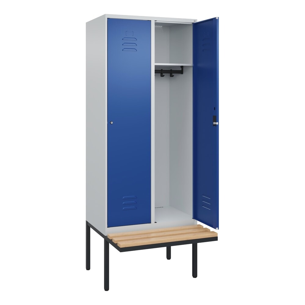C+P Spind Classic PLUS, 2 Abteile, HxBxT 2.120 x 800 x 815 mm, Zylinderschloss, auskragende Bank aus Buche, lichtgrau, enzianblau