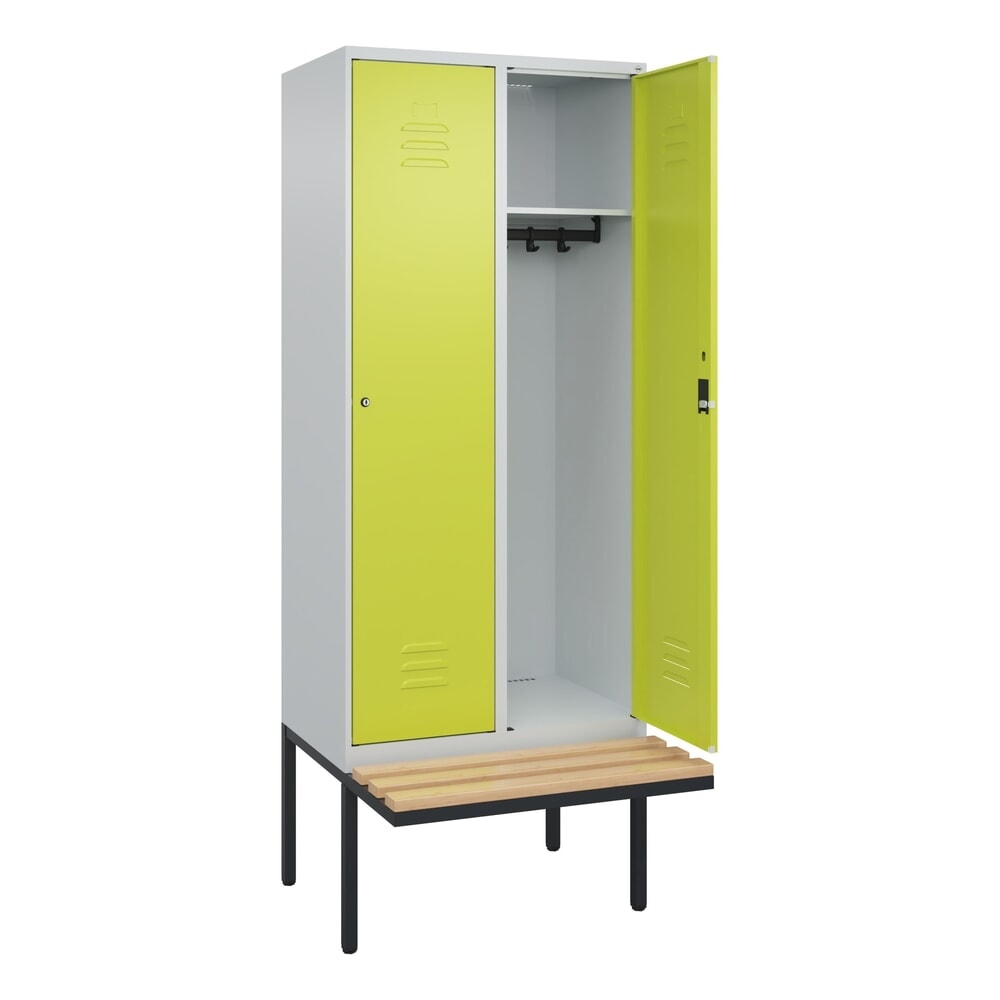 C+P Spind Classic PLUS, 2 Abteile, HxBxT 2.120 x 800 x 815 mm, Zylinderschloss, auskragende Bank aus Buche, lichtgrau, clowngrün