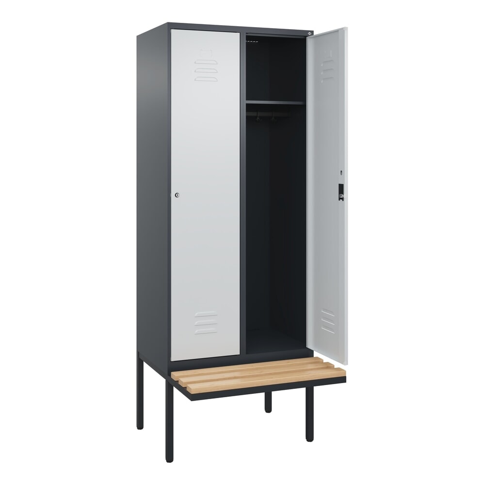 C+P Spind Classic PLUS, 2 Abteile, HxBxT 2.120 x 800 x 815 mm, Zylinderschloss, auskragende Bank aus Buche, anthrazitgrau, lichtgrau