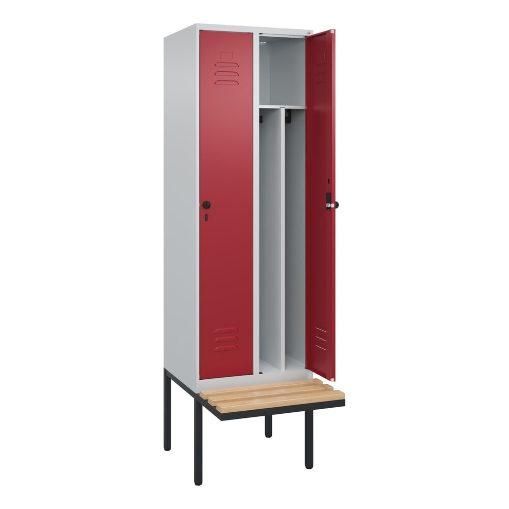 C+P Spind Classic PLUS, 2 Abteile, Trennwand, HxBxT 2.120 x 600 x 815 mm, für Vorhängeschloss, auskragende Bank aus Buche, lichtgrau, rubinrot